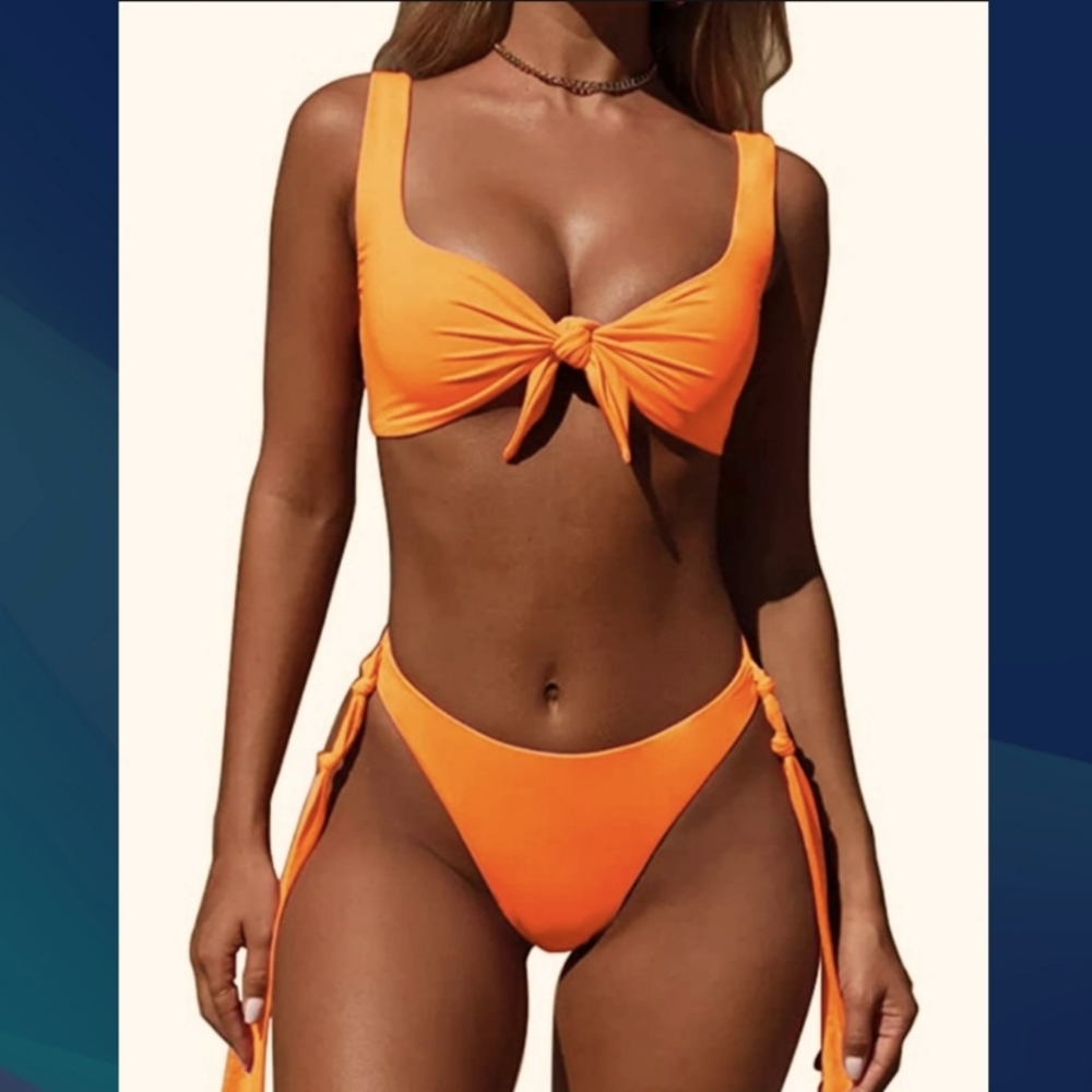 Neon Orange (Size M) Ribbed Texture (2PC) Bikini Swimsuit (Like New Condition)